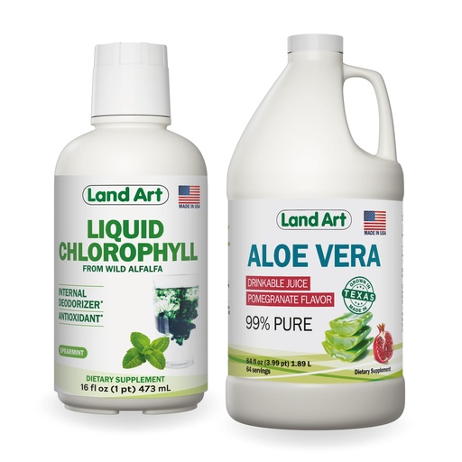 [BRSRAYD7CQORY2YV] Land Art Aloe Vera Juice - Pomegranate Flavored - Cold Processed - Inner Filet from Organic Fresh Leaves - 64floz + Liquid Chlorophyll Mint Flavored - Cold Extracted from Wild Non-GMO Alfalfa - 16floz