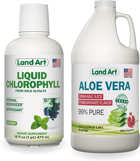 [BRSRAYD7CQORY2YV] Land Art Aloe Vera Juice - Rodii aromate - Procesate la rece - File interior din frunze proaspete organice - 64floz + Clorofila lichida - menta la rece extrasa din salbatice non-GMO Alfalfa - 16floz