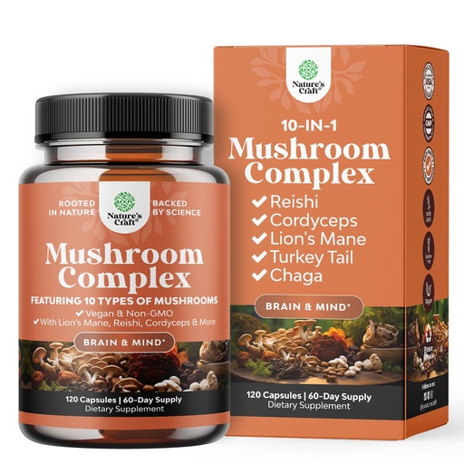 [BRSROHYRAQOR4CTH] Advanced Mushroom Complex Capsules - 10X Lions Mane Supplement Capsules with Reishi, Chaga, Maitake & Shiitake for Brain Health Memory Support & Focus - Nootropic for Mental Clarity - 120 Count