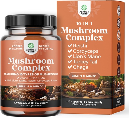 [BRSROHYRAQOR4CTH] Capsule complexe de ciuperci avansate - 10X Lions Mane Supliment capsule cu Reishi, Chaga, Maitake & Shiitake pentru Brain Health Memory Support & Focus - Nootrop pentru Claritatea Mintala - 120 Capsuri