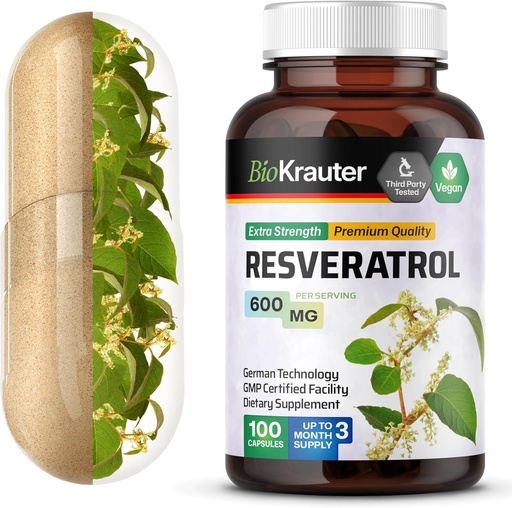 [BRSWGHYHOQJQO2TL] BIO KRAUTER Resveratrol Supplement Capsules 600 mg - 100 Count - Natural Antioxidant Source - 98% Pure Trans Resveratrol Powder - Vegan