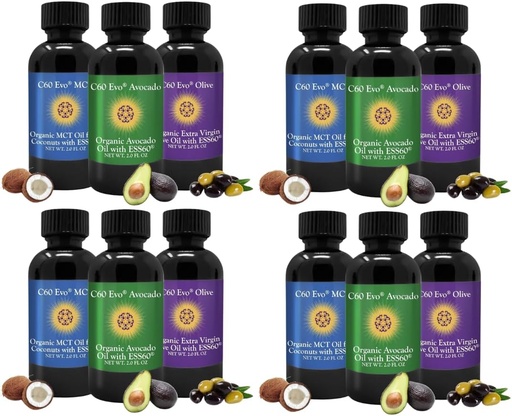 [BRSRAGALB4MQAH36] All-Natural Edible Oils, Mini Oil Sampler Set with Pure C60 ESS60, Immune Support and Joint Support Supplement with Olive Oil, Avocado Oil & MCT Coconut Oil, Set of 12, 2 Oz Each