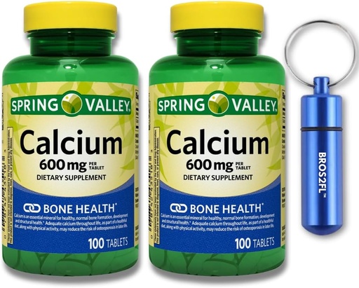 [BRSRAGQ2BMCGMCYY] Calcium Bone Health Dietary Supplement Tablets, 600 mg, 100 Count (2-Pack) Bundle with BROS2FL Keychain Waterproof Portable Metal Pill Box (2 Items)