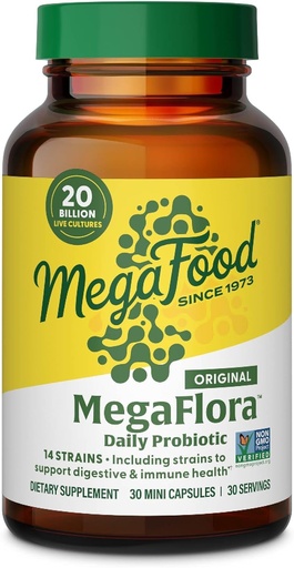[BRSWIYYEAJYRYDDA] MegaFood MegaFlora Probiotic - Propoletic for Women Digetical Health - Imune Suplemen Dukungan - 20 Miliar CFU - 14 Strains - Nun-GMO - Vegetarian - 30 Mini Capsules (30 Pelayan)