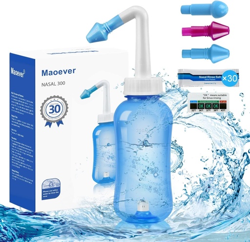 [BRSRMYD2C4IQ4ETV] MAOEVER Neti Pot Sinse Lavagem nasal 300ML Neti-Pot com 30 pacotes de sal de lavagem nasal e termômetro adesivo limpador de nariz frasco de lavagem Irrigação de pressão limpa para adultos e crianças BPA Free (azul)