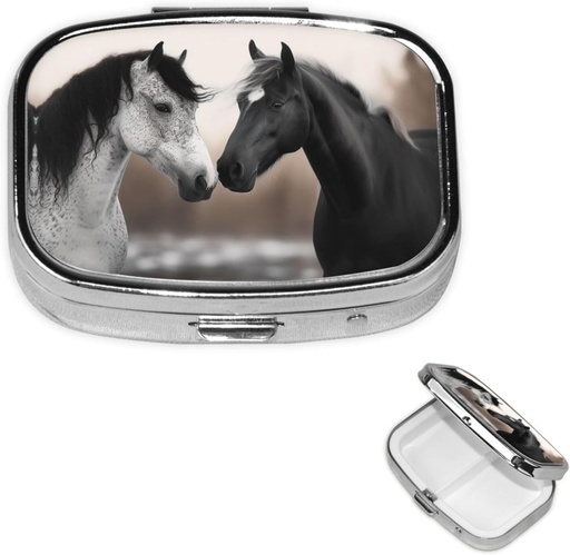 [BRSRAAADCMMBMDLV] Pill Case with Mirror Retro 2 Compartment Pill Box Black and White Horses Small Pill Organizer for Purse or Pocket Decorative Metal Medicine Vitamin Organizer Unique Gifts