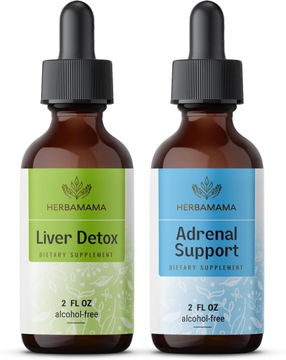 [BRSRAGAEAABGGHLK] HERBAMAMA Herbal Liquid Drops Kit - Bundle of Liver Detox Complex 4 fl oz & Adrenal Support Drops 2 fl oz - Vegan, Non-GMO, Sugar & Alcohol-Free - 2 Pack