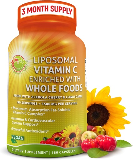 [BRSWYZANOAORUYI6] Liposomal Vitamin C капсули - 1500mg - Made with Organic Acerola Chamu Camu, High Potency Vitamin C Liposomal - Имунна поддръжка Добавка, повишена абсорбция и бионаличност - 180 броя