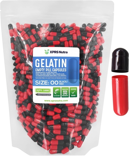 [BRSWYYYZBMGQMH3B] XPRS Nutra Size 00 Empty Capsules - 1000 Count Empty Gelatin Capsules - Pills DIY Capsule Filling - Fillable Pill Gel Caps for Do-It-Yourself Supplements (Black/Red)