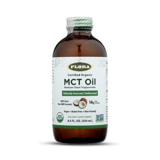 [BRSWYZQLCUGQYCDH] Flora - MCT Oil Certified Organic - Supports Muscle Energy & Brain Health - Contains C8 Caprylic Acid & C10 Capric Acid - Non-GMO, Gluten-Free, Vegan & Keto-Friendly - 8.5 fl. oz. Glass Bottle