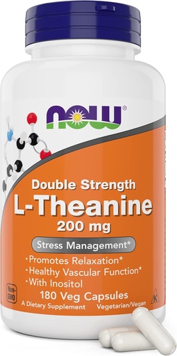 [BRSRMBQ3DIGR6FL3] NOW Foods L-Theanine, Double Strength 200 mg Per Cap - 180 Veg Capsules - Enhanced with 100mg Inositol - Vegetarian, Non-GMO - Ltheanine 200mg Supplement