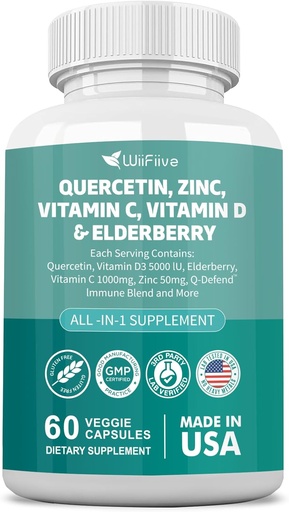[BRSRAZAPC56ROHL3] 60 Count Quercetin 50 mg Zinc 1000 mg Vitamin C 5000 IU Vitamin D3 1000 mg Turmeric 1000 mg Elderberry with Q-Defend Immune Blend Reisshi Nettle Arteemisinin, Non-GMO, Free Supports Health