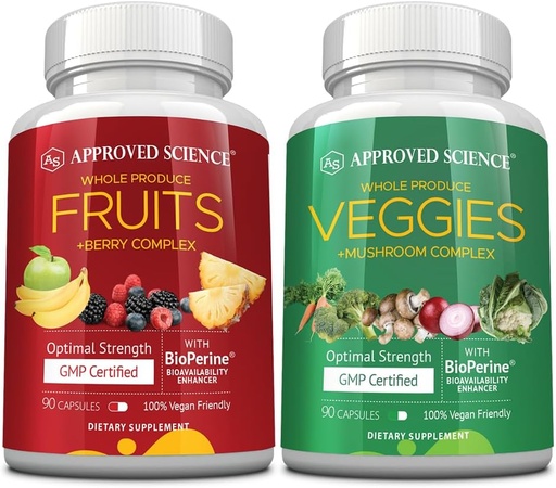 [BRSROAALAQJR4EY4] Sciences approuvées Fruits et légumes - 42 Fruits entiers et supplément de légumes - Santé et vitalité améliorées - Vitamines naturelles quotidiennes, minéraux, antioxydants - 90 capsules chacune - 1 mois