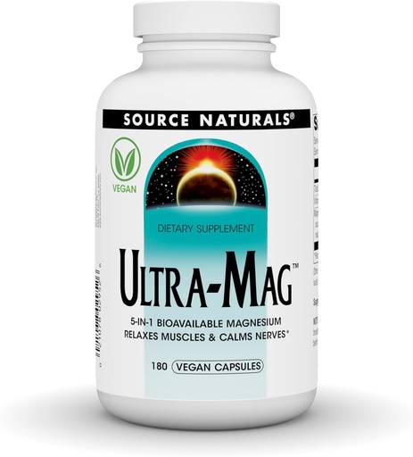 [BRSRAZA5BUBAE3LJ] Source Naturals Ultra-Mag, Vegan Dietary Supplement, 5-in1 Bioavailable Magnesium, Relaxes Muscles & Calms Nerves*, Vegan Capsules (180)