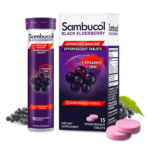 [BRSWKZICCIDGMHY5] Sambucol Black Elderberry Effervescent Tablets - Elderberry Dissolvable Tablets with Zinc and Vitamin C for Adults, Quick Dissolve, No Artificial Flavors - 15 Count