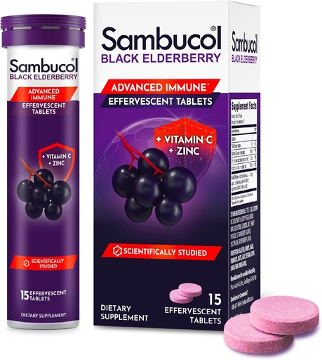[BRSWKZICCIDGMHY5] Sambucol Black Elderberry Effervescent Tabletter - Elderbær med sink og vitamin C for voksne, Elderberry Oppløsende tabletter, bær - 15 greve