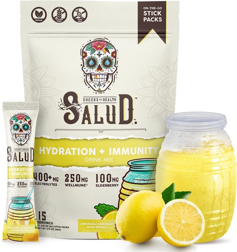 [BRSRMCAOBABWK2DJ] Salud 2-in-1 Hydration Packets + Имунитет Електролити прах, лимонада - Agu Fresca Drink Mix, Belderberry, Dairy & Soy Free, Non-GMO, Gluten Free, Vegen, Low Calorie, 1g Захар (15 Сервиз)
