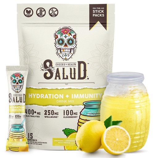 [BRSRMCAOBABWK2DJ] Salud 2-in-1 Hydration Packets + Immunity Electrolytes Powder, Lemonade - Agua Fresca Drink Mix, Elderberry, Dairy & Soy Free, Non-GMO, Gluten Free, Vegan, Low Calorie, 1g Sugar (15 Servings)