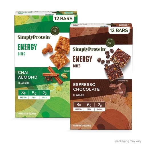 [BRSROBL6CEGWOH3H] Simply Protein - Energy Bites Variety Pack, 24 Bars - Plant Based Caffeinated Squares - 55mg Caffeine - Energy Boost - 8g Protein, 2g Sugar, 5-6g Fiber, 120-130 Calories - Vegan, Gluten Free, Non GMO