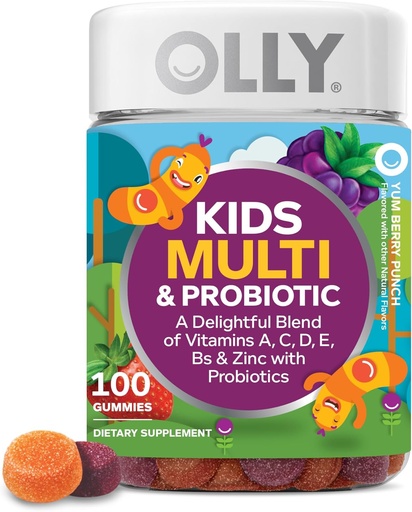 [BRSWGGTRBZ7Q2HLG] OLLY Kids 多维塔明与Probiotic Gummy,消化支持,维生素A,D,C,E,B,Zinc,Chewable Supplement,Berry Flavor,50天供应量 - 100计