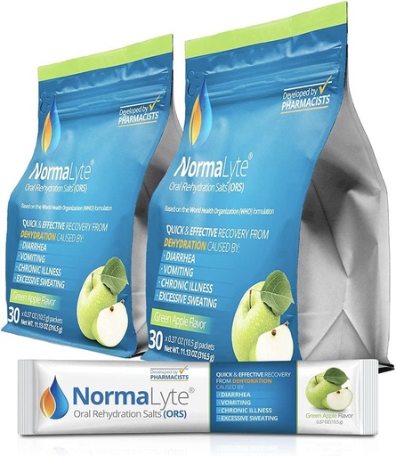 [BRSW2FAPA55REELX] NormaLyte Oral Rehydration Salts-2 Pouches - 60 Sticks (Yields 500mL per Pack)-Apple| Energy Supplements, Potassium Supplement, Dehydration Recovery and Quick Absorption