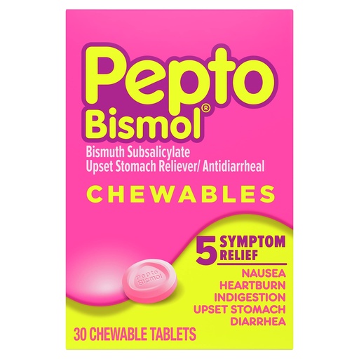 [BRSWIYQ3CUCQC23U] Pepto Bismol Chewable Tablets, Upset Stomach Relief, Nausea Relief, Heartburn Relief, Indigestion Relief, Anti Diarrhea Medication for Adults - 5 Symptom Relief, 30 ct