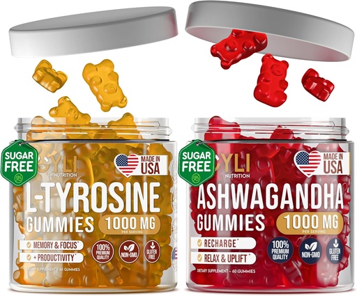 [BRSRA2TYAUPWKF3A] L-Tyrosine Gummies + Ashwagandha Gummies - Suplemento L Tyrosine e Suplementos Ashwagandha Bundle - Ashwaganda, L-Tyrosine para Crianças e Adultos - 60 Ashwa Gummies, 60 L-Tyrosine Focus Gummies