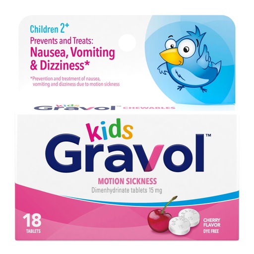 [BRSRAZA6DIBB4ETF] Gravol Kids Chewable Tablets for Nausea, Upset Stomach and Motion Sickness Relief, Dye Free, Cherry Flavor, Age 2 to 12, 18ct