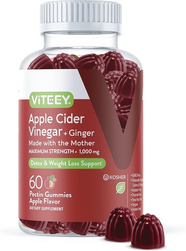 [BRSWYBIHCMNBAG3L] Vareey Apple Ciegar Gummies dan Ginger - 1000 mg ACV Gummies untuk Weight Loss, Detox dan Ditraffic - Vegan, Gluten-Free - 60 Count