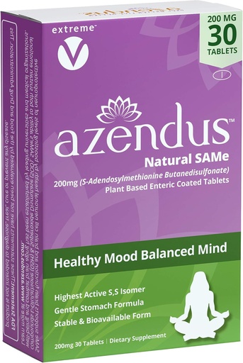 [BRSWGCYEC4FR4ALJ] Azendus SAM-e Mood Support 200mg, 30 Count, Same Butanedisulfonate Fiber Enteric Coated Tablets
