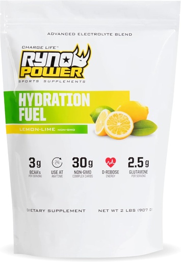 [BRSWGCA6PIMBMYAU] Ryno Power Hydration Fuel Electrolyte Drink Mix 2lb (20 Servings) 'Lemon Lime' - Advanced Electrolyte Formula + BCAA's - Gluten Free - Sustained Energy and Muscle Recovery