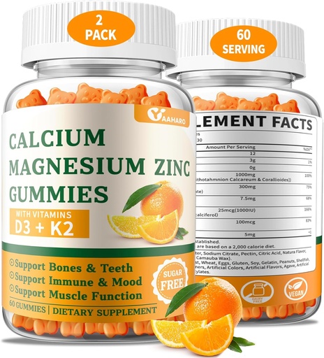 [BRSRAGQCPIMQOAAU] (2 Pack) Gommies de zinc de magnésium de calcium avec vitamine D3 et K2 - Gommies de calcium sans sucre pour les femmes et les hommes - Soutien osseux et immunitaire - Non-OGM, sans gluten, aromatisé orange - 120 Compte
