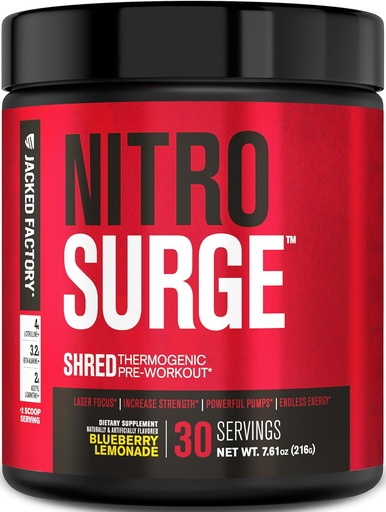 [BRSWYALYBYCGYFDO] Jacked Factory NITROSURGE Shred Pre Workout Addition - Energy Booster, Instant stiprumo gains, Sharp Focus, Galinga Siurbliai - azoto oksido Booster & PreWorkout Milteliai - 30Sv, Blueberry Lemonade