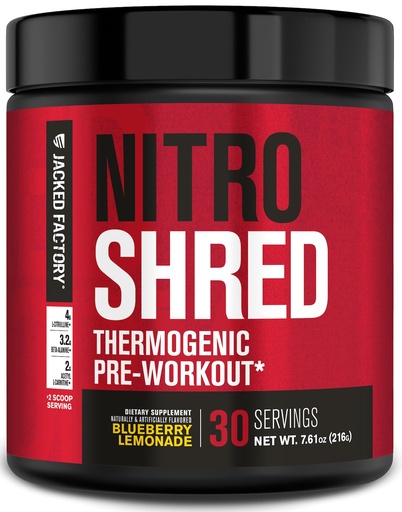 [BRSWYALYBYCGYFDO] Jacked Factory NITROSURGE Shred Pre Workout Supplement - Energy Booster, Instant Strength Gains, Sharp Focus, Powerful Pumps - Nitric Oxide Booster & PreWorkout Powder - 30Sv, Blueberry Lemonade