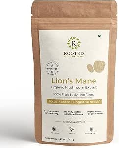[BRSRAZD2AEFQOET7] ROOTED Active's Lions Mane Mushroom Extract Powder USDA Organic, 38% Verified Beta Glucans| Cognition, Clarity, Focus & Mood, Brain Health Support (4.23 Ounce)