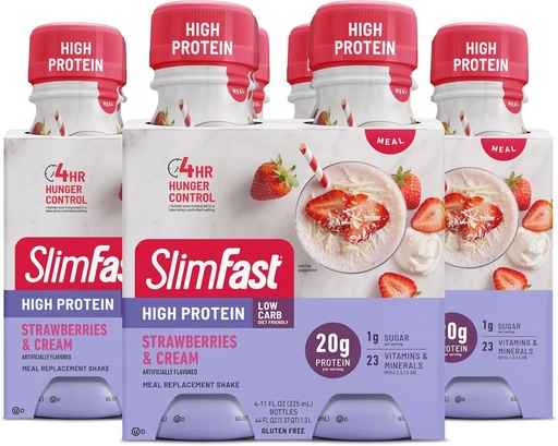 [BRSWK2T6BMJQC3LE] SlimFast Advanced Nutrition Meal Replacement Protein Shake - Ready To Drink, Pink, Strawberries & Cream, 4 Bottles (Pack of 3)