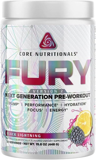 [BRSRMCYCCINBOC3K] Core Nutritionals Fury V2: Pre-Workout Powder to Maximize Performance in The Gym W/Zum-XR® Caffeine, L-CItruline, and Alpha GPC (40 Scoops) (Black Lightning)
