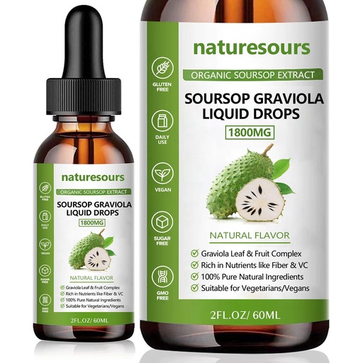 [BRSRAAIZDMHAI33L] Naturesours 100% Pure Organic Soursop Extract, Soursop Graviola Liquid Drops 1800MG, Organic Pure Soursop Leave and Fruit Extract, Sugar/Gluten Free, 2 FL.OZ (1)