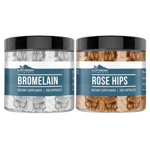 [BRSROED6O56BSAIV] Earthborn Elements Rose Hips & Bromelain Capsule Bundle (200 Capsules Each), Pure & Undiluted, No Additives