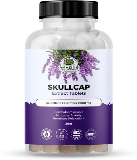 [BRSRA2Q5CAIQMFLJ] Amazing Botanicals Skullcap 10X Extract Tablets 2,000 mg - High Potency Herbal supplement for chillation and Wellness - 30 Tablets