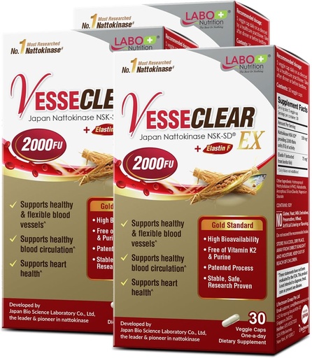 [BRSW2AYPBN5W2YD5] LABO Nutrición VesseCLEAR EX: Nattokinase NSK-SD+Elastin F for Clean &amp; Flexible Blood Vessel. La dosis funcional más estudiada de Japón, resistente a los ácidos y retrasados cápsulas de liberación, 90 condes