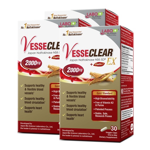 [BRSW2AYPBN5W2YD5] LABO Nutrition VesseCLEAR EX: Artery Cleanse & Elasticity Support Supplement | Blood Pressure, Circulation, Clean Arteries Heart Health Formula | Nattokinase NSK-SD + Elastin F | DR Capsules [3 Pack]