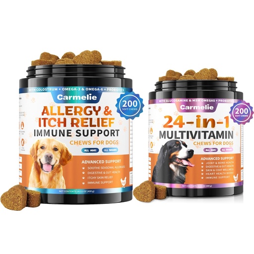 [BRSRAAYOCICGM3DB] Dog Allergy Chews + Carmelie 24 in 1 Dog Multivitamin Chewable - 400 Treats - Seasonal Allergy Relief + Dog Vitamins for Hip & Joint, Skin & Coat, Immune Health (Chicken Flavor)