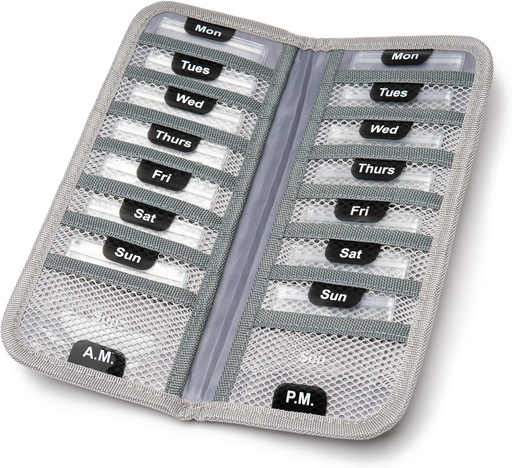 [BRSWGGIPOIIRYYDX] AM/PM Bi-Folding Pill Organizer + Supplement Case for OTC Medicine, Prescription + Vitamins - 14 Labeled Monday-Sunday Slide Lock Pouches, Grey Travel Pill Case