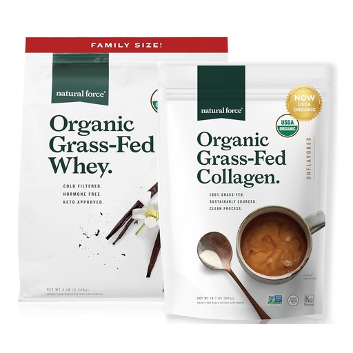 [BRSRABIZOUNGEHT6] Natural Force Grass Fed Organic Whey Protein Powder Vanilla Flavor 5 lb Organic Clean Collagen Peptides Powder Unflavored, 10.7oz