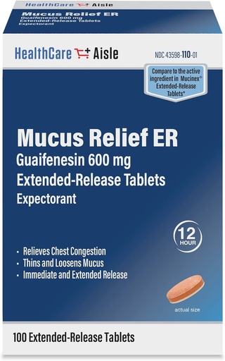 [BRSRMFLROQORM3LZ] HealthCareAisle Guaifenesin 600 mg Extended Release - 100 Tablets - Mucus Relief Expectorant for Chest Congestion Relief
