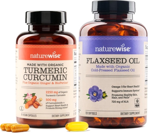 [BRSRAYYYCMJQ2CL3] NatureWise Curcumin Turmeric 2250mg & Linsēklu eļļa 1200mg Omega 3 6 9 Softgels locītavu, sirds un imūnās palīdzības [1 & 2 mēnešu piegādes]
