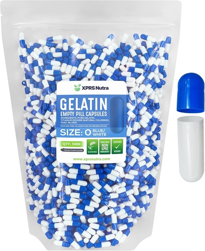 [BRSWYBDROYGR623A] XPRS Nutra Size 0 Empty Capsules - 5000 Count Empty Gelatin Capsules - Pills DIY Capsule Filling - Pure Bovine Pill Gel Caps for Do-It-Yourself Supplements (Blue/White)