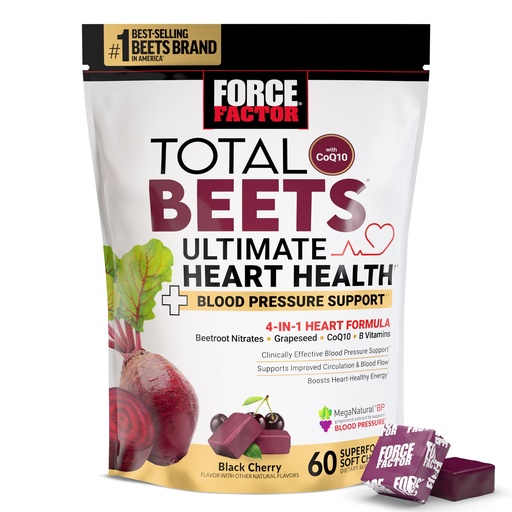 [BRSRAZT6CJ7W2D3J] Force Factor Total Beets Ultimate Heart Health Chews for Blood Pressure Support, with Beetroot Powder, CoQ10, B Vitamins & Grapeseed Extract for Blood Flow & Energy, Black Cherry, 60 Soft Chews