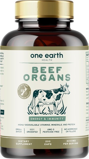 [BRSWYZQ3A4CR6H3D] One Earth Health New Zealand 100% Grass Fed Beef Organs – (200 Count, 3000mg Serving) Liver, Heart, Kidney, Pancreas, Spleen Supplement. Complejo de carne de órgano procedente de Nueva Zelandia